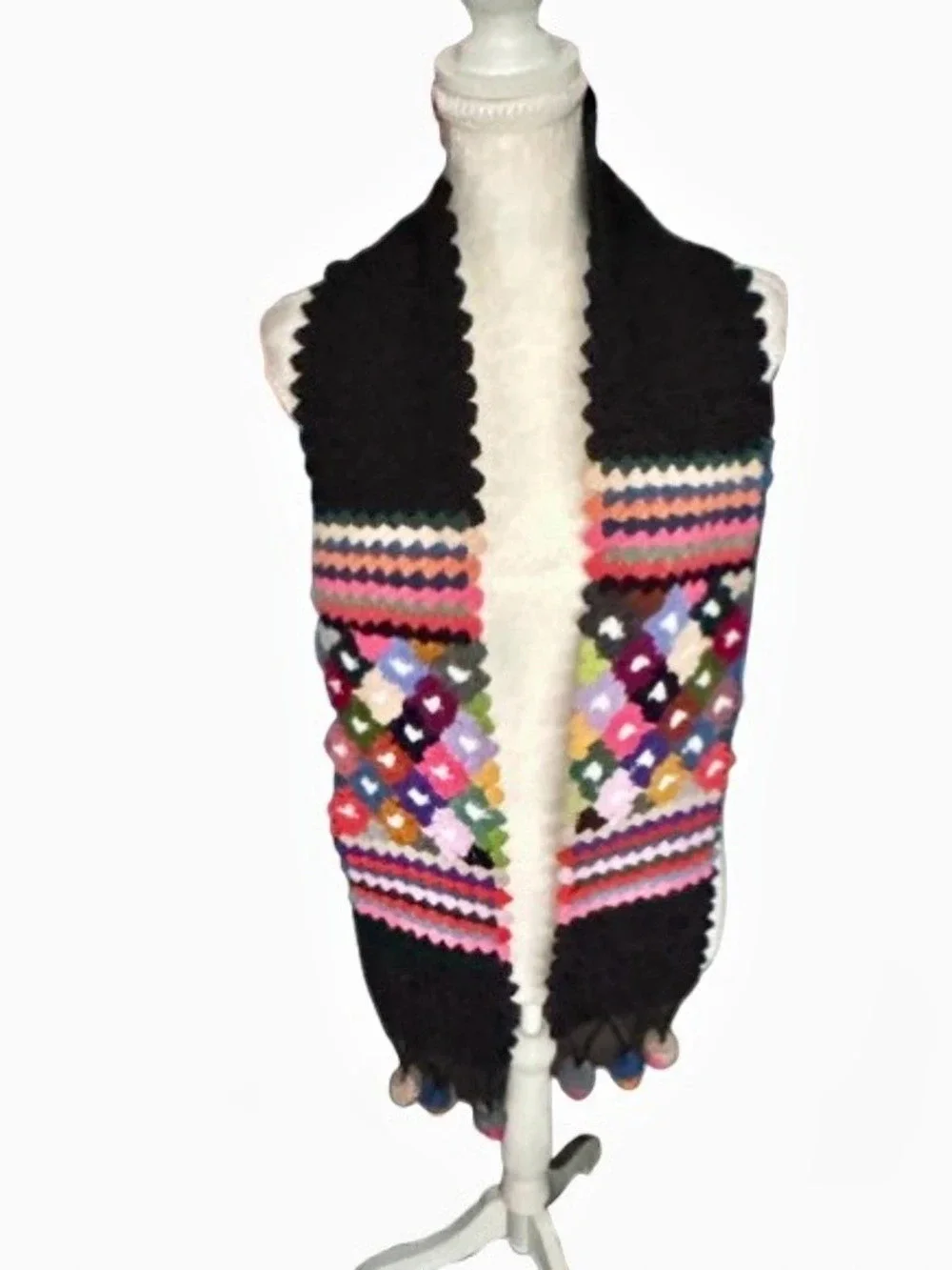 Pom Poms bohemian Woodstock Crochet Scarf Multicolor Floral Boho Fall Snow
